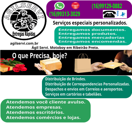 A Agilservi entregas rápidas oferece serviços de entregador motoboy em Ribeirão Preto no estado de São Paulo.